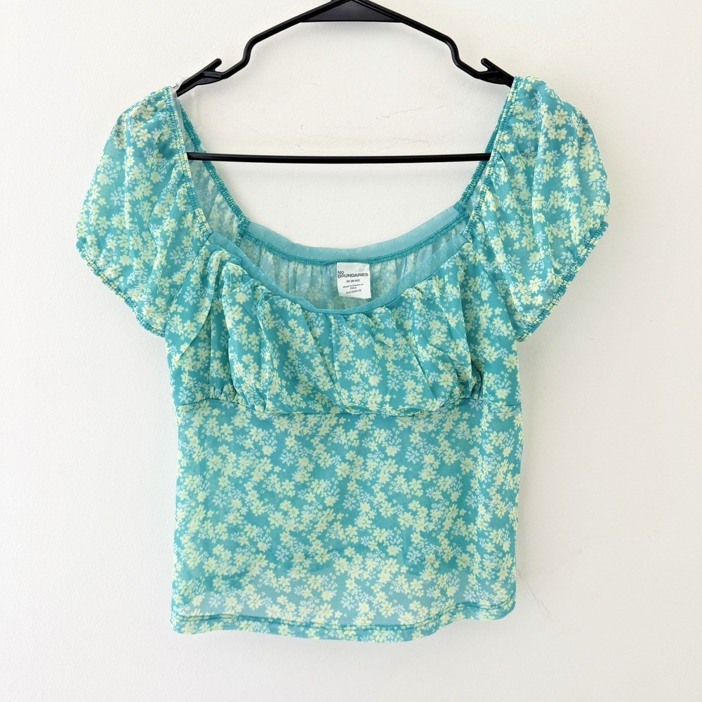 Y2K Floral Mesh Babydoll Crop Top Size M Aqua Fairy Coquette Puff Sleeve Blouse